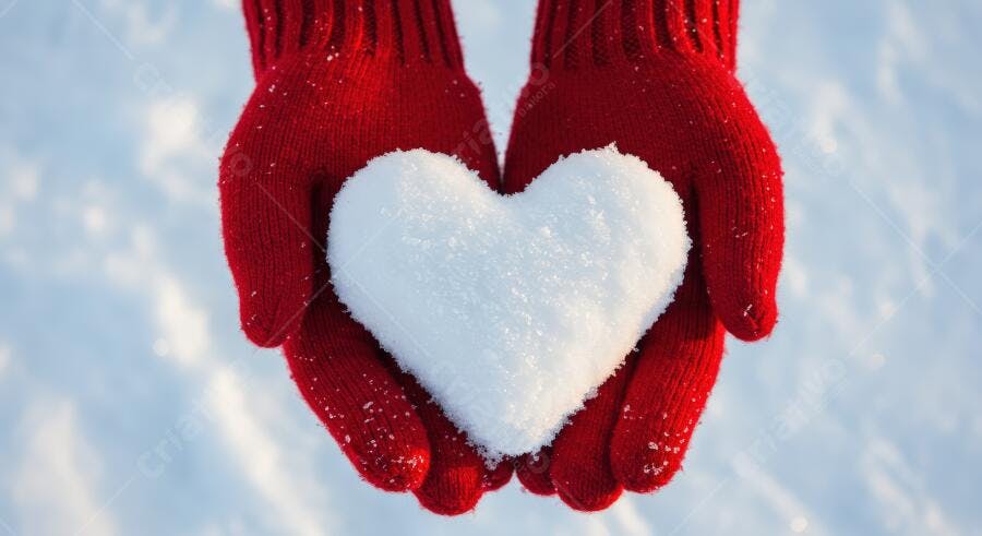 Mãos com luvas vermelhas segurando coração de neve branco símbolo de amor no inverno