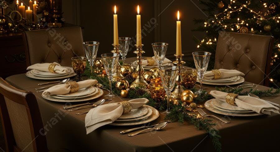 Mesa de jantar natalina luxuosa com velas acesas e decorações douradas