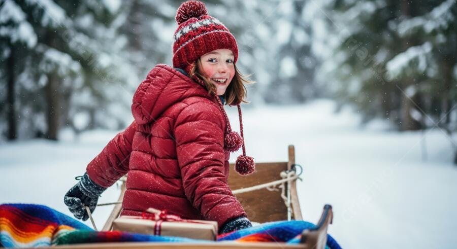Menina feliz de gorro vermelho e casaco sentada em trenó na neve com presente