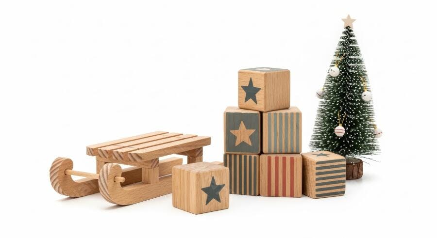 Trenó de madeira blocos e árvore de Natal decoração festiva infantil em estúdio