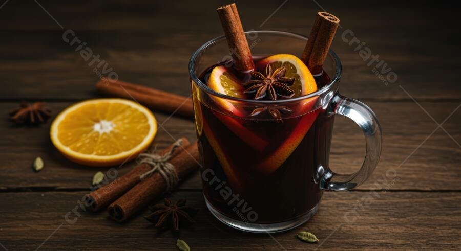 Caneca de vinho quente com laranja canela e anis estrelado em mesa rústica