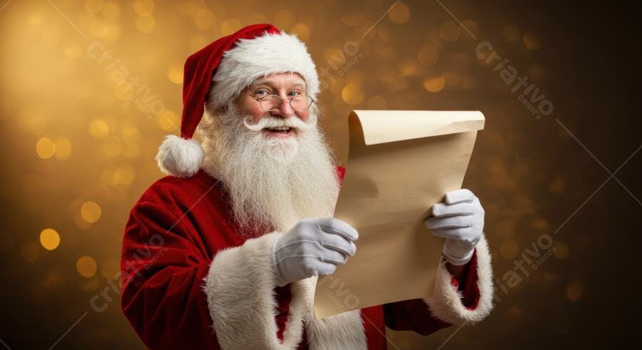 Papai Noel feliz de óculos com barba branca segurando lista de Natal