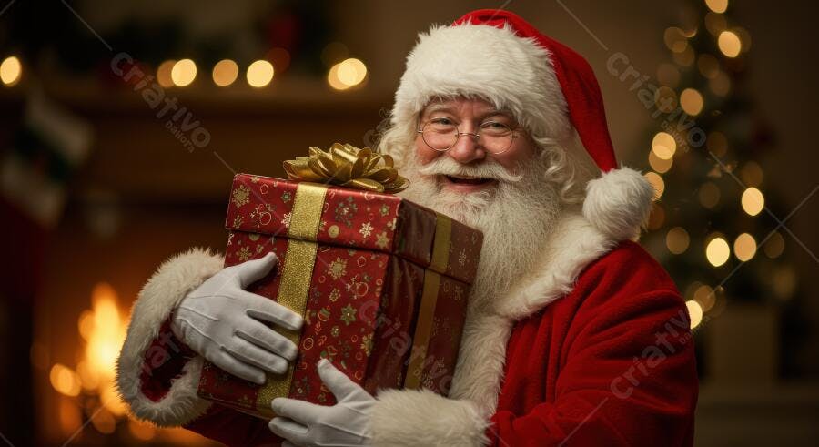 Papai Noel feliz de barba branca segurando presente de Natal em ambiente de lareira