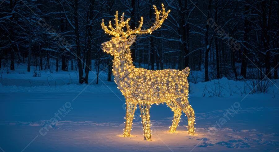 Rena iluminada brilhante em paisagem de neve noturna de inverno