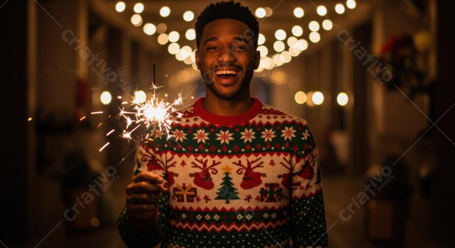 Homem negro sorrindo com suéter natalino segurando estrela cadente em festa de fim de ano
