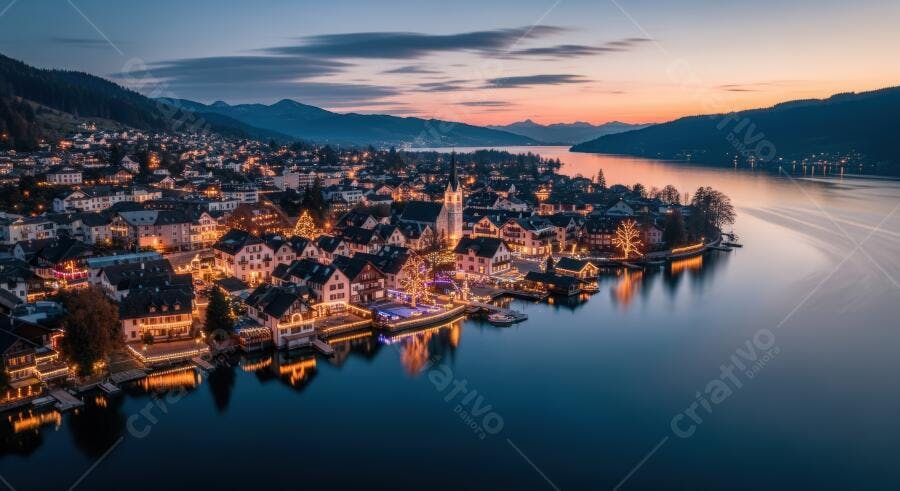 Vila europeia festiva iluminada no crepúsculo à beira do lago