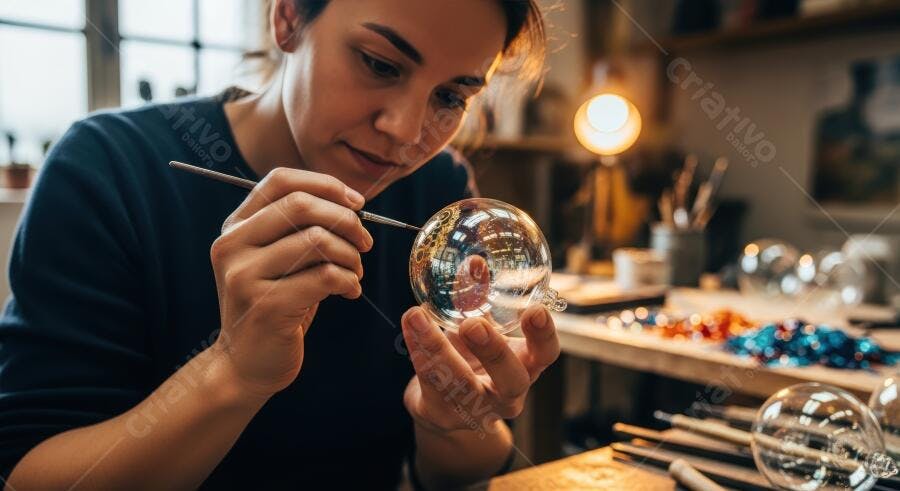 Mulher artesã pintando ornamento de vidro transparente com detalhes dourados em estúdio