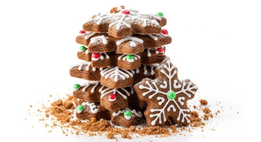 Biscoitos de gengibre formando árvore de Natal com glacê e confeitos festivos