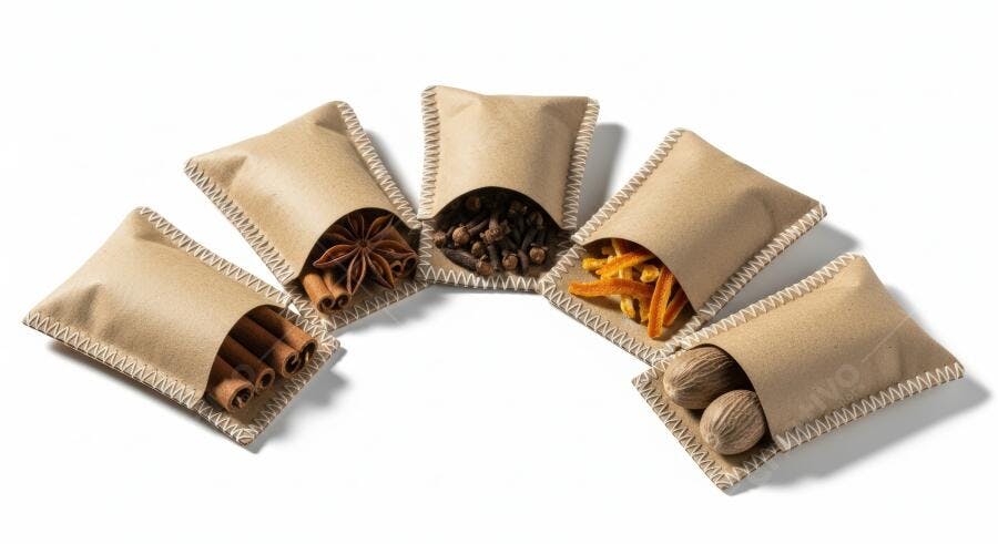 Especiarias aromáticas em saquinhos rústicos de papel kraft vista superior