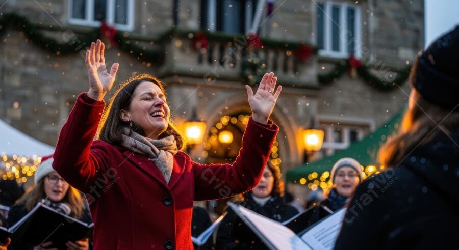 Mulher caucasiana feliz cantando em coral de Natal com neve caindo