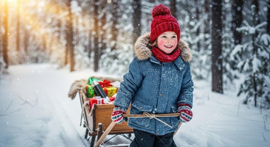 Menino caucasiano feliz de casaco azul e gorro vermelho puxando trenó na neve