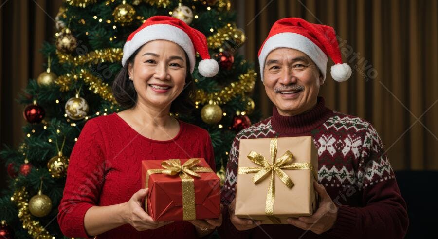 Casal asiático idoso sorrindo com presentes de Natal e árvore decorada