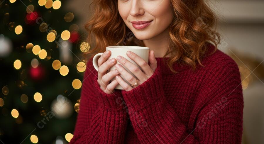 Mulher ruiva sorrindo com caneca de café e luzes de Natal desfocadas