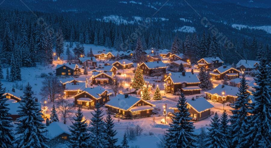 Vila alpina nevada com luzes de Natal e árvores decoradas à noite
