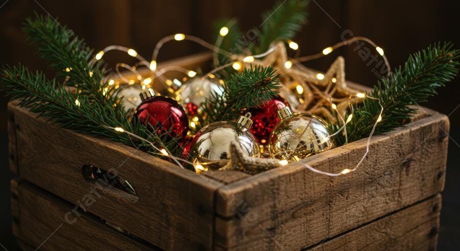 Enfeites de Natal em caixa de madeira rústica com luzes de fada