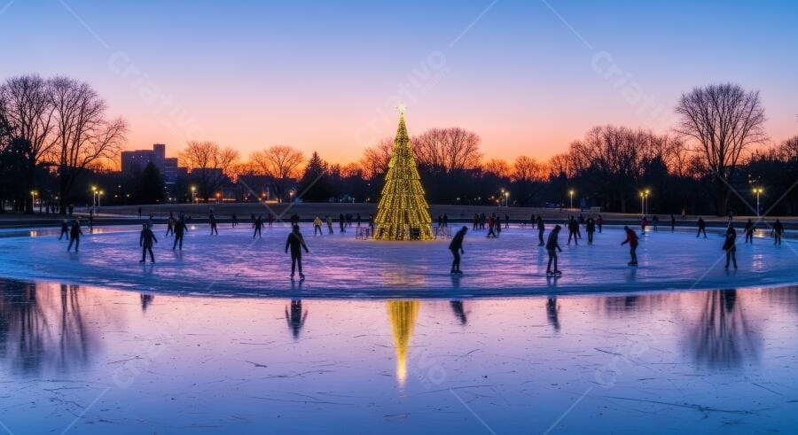 Pessoas patinando no gelo em praça com árvore de Natal iluminada ao pôr do sol