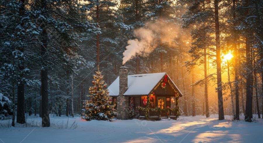 Cabana de madeira nevada com árvore de Natal iluminada ao pôr do sol
