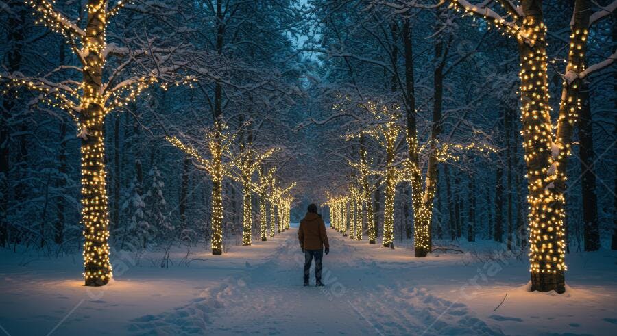 Homem caminhando em floresta nevada com árvores iluminadas de Natal