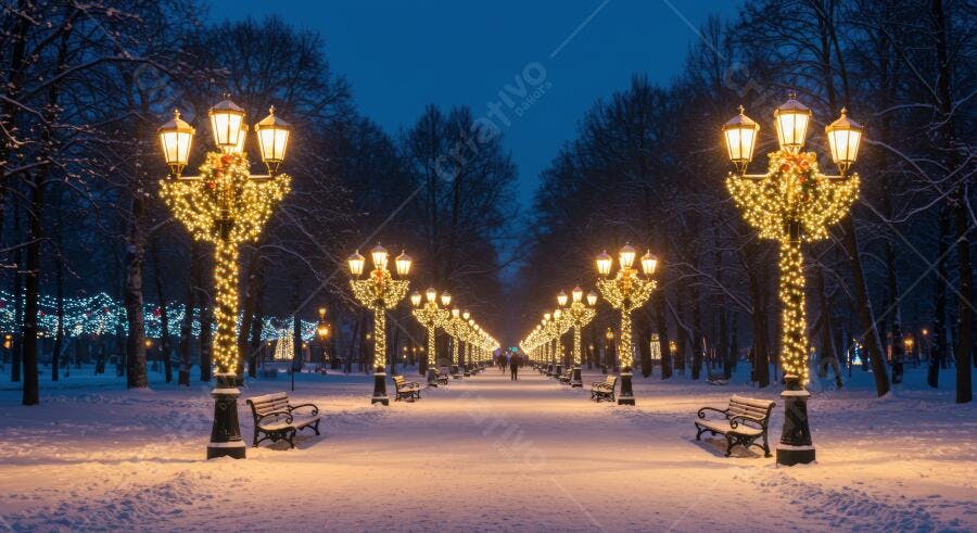 Avenida de parque nevada iluminada com luzes de Natal à noite