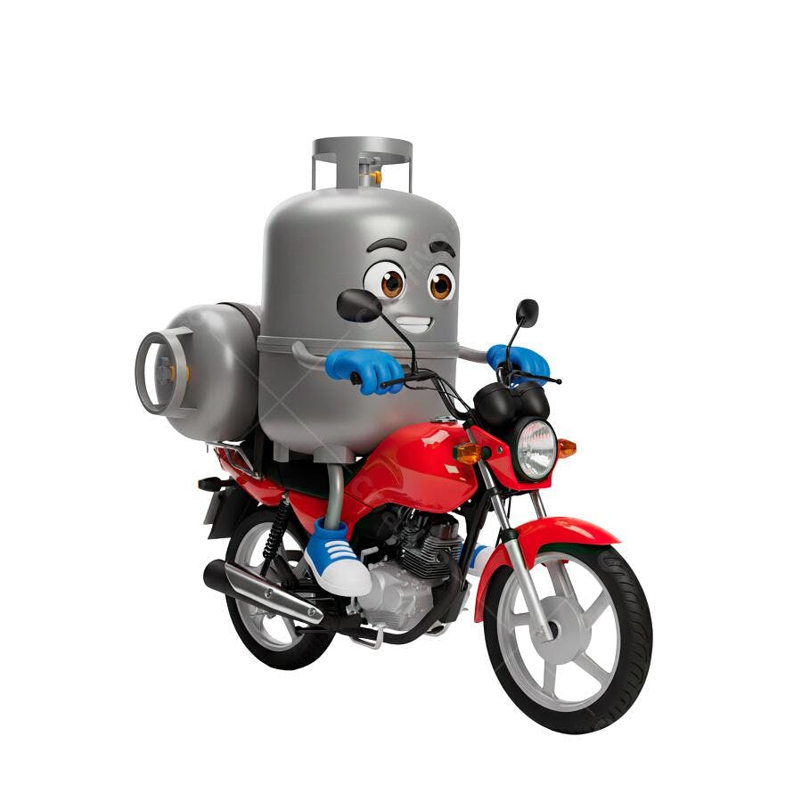 Mascote botijão de gás entregador de moto com luvas azuis PNG com fundo transparente