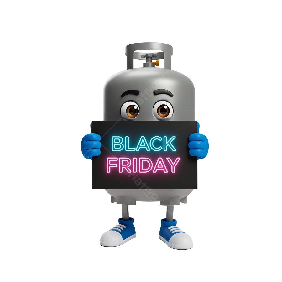 Ilustração 3D Mascote Botijão Gás Black Friday Neon Cinza Azul Rosa PNG com fundo transparente
