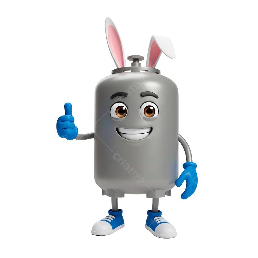 Mascote Botijão de Gás Coelho Sorrindo Thumbs Up PNG com fundo transparente