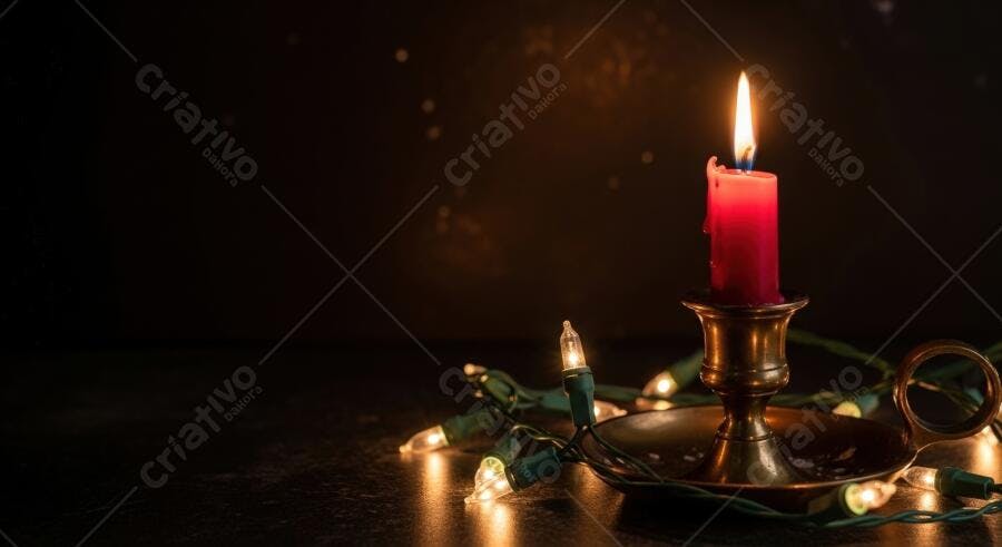 Vela vermelha acesa em castiçal de bronze e luzes cintilantes de Natal