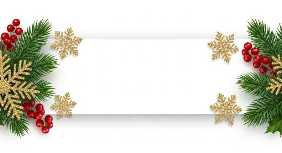 Decoração de Natal com flocos de neve dourados e azevinho para banner