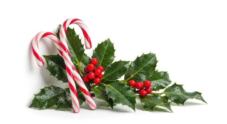 Bengala doce listrada e azevinho com bagas vermelhas frescas para o Natal