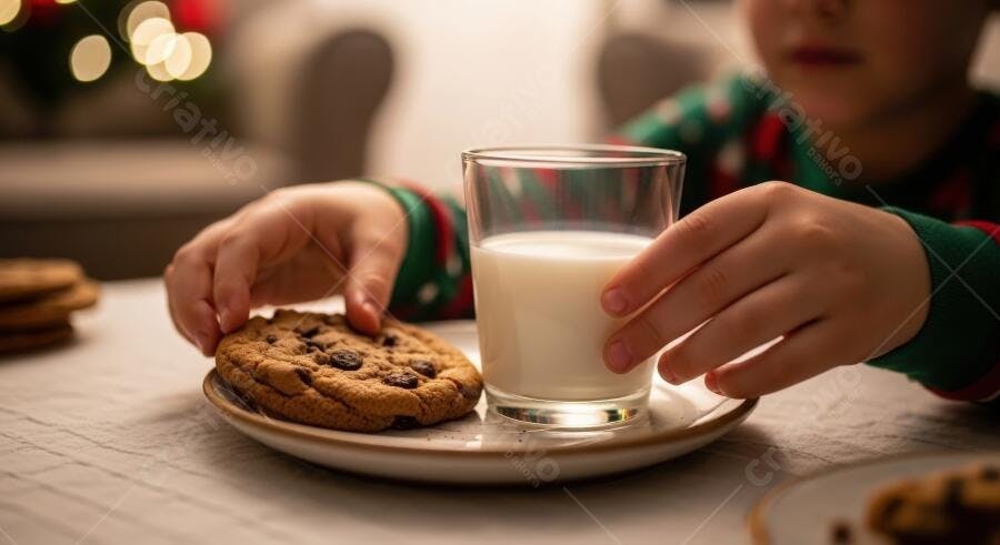 Mãos de criança em pijama de Natal com biscoitos de chocolate e leite