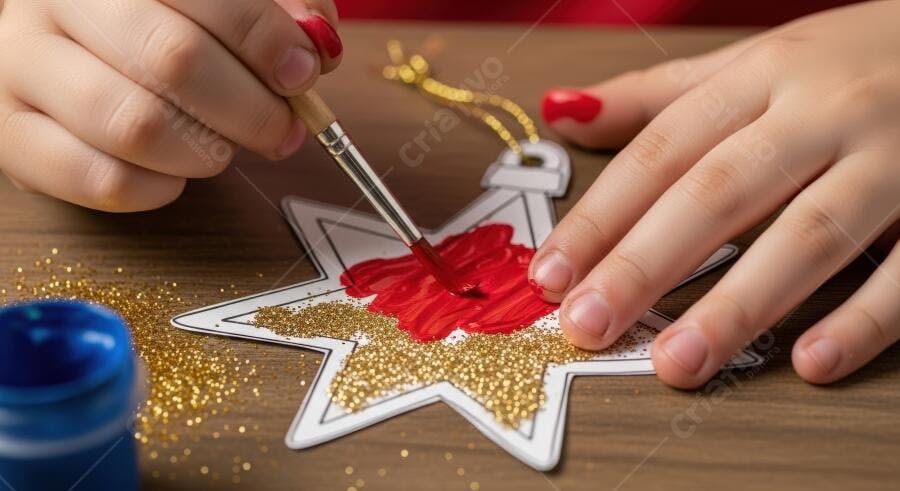 Criança pintando enfeite de estrela de Natal com tinta vermelha e glitter
