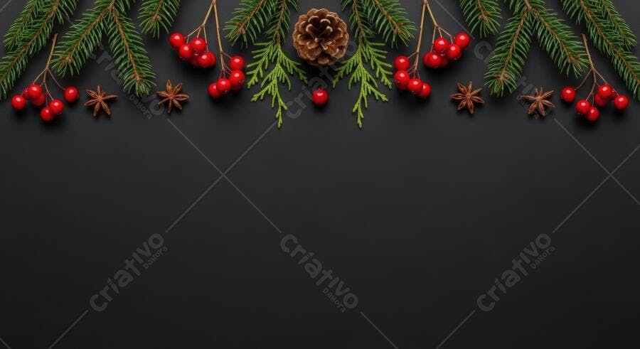 Decoração festiva de Natal com pinho bagas e anis estrelado em fundo escuro