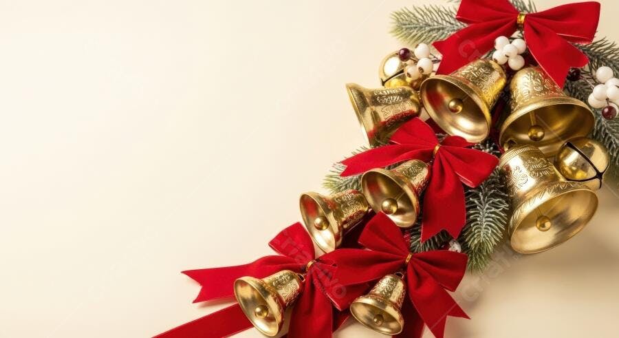 Sinos de Natal dourados com laços vermelhos e ramos de pinheiro em fundo creme
