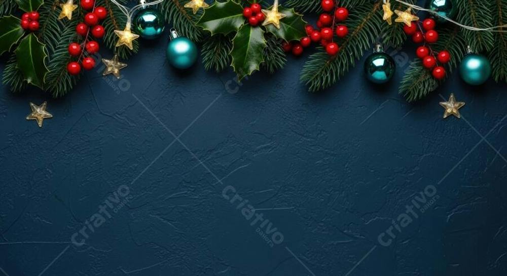 Christmas decoration pine holly red berries and gold stars on dark blue ...