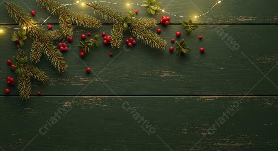 Galhos de pinheiro e berries vermelhas com luzes de natal em madeira verde