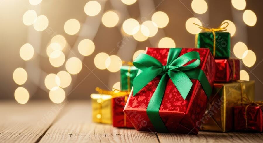 Presentes de Natal vermelhos, verdes e dourados sobre mesa de madeira com luzes