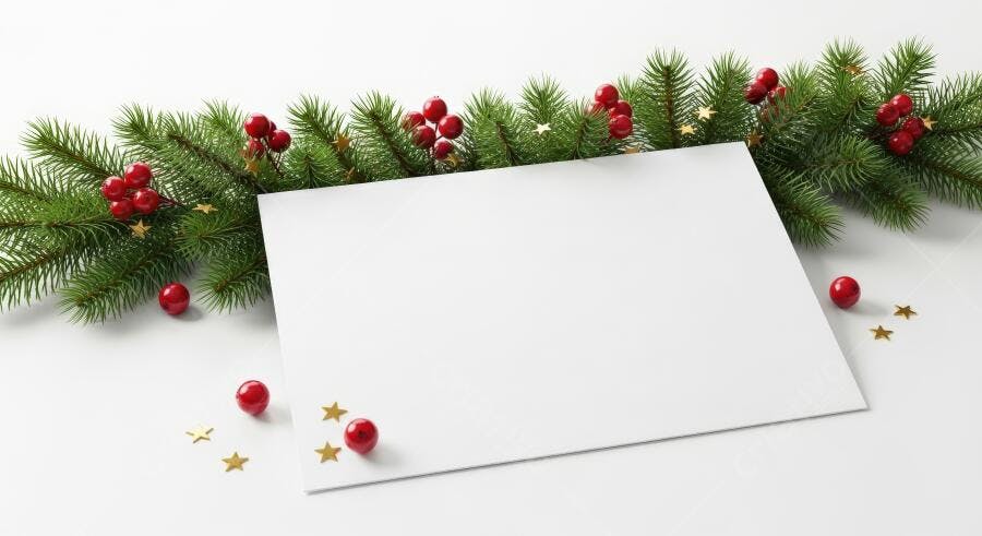 Cartão de Natal branco com guirlanda de pinho e bagas vermelhas confetes dourados