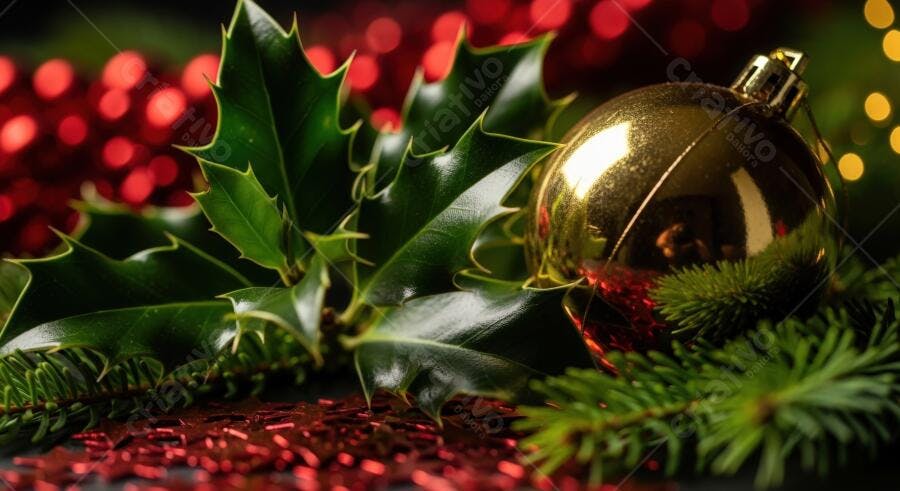 Decoração de Natal com folhas de azevinho verde bola dourada e pinho festivo