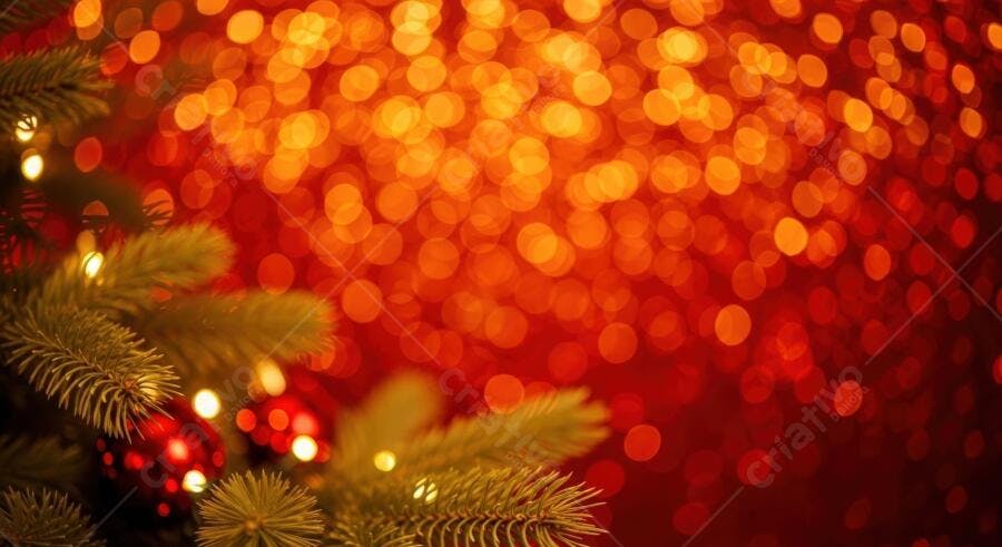 Galho de árvore de Natal com bolas vermelhas e luzes bokeh douradas