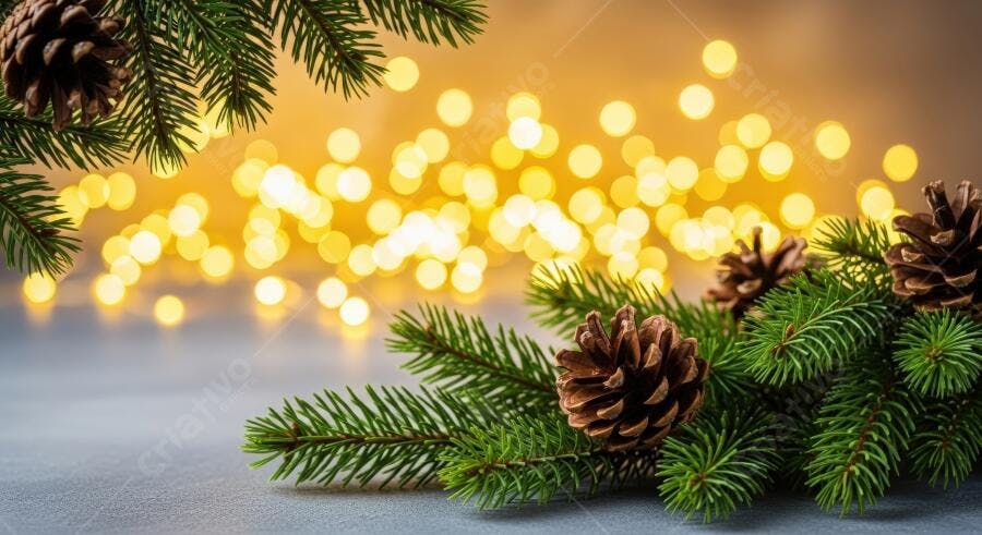 Ramos de pinheiro com pinhas e luzes bokeh de Natal