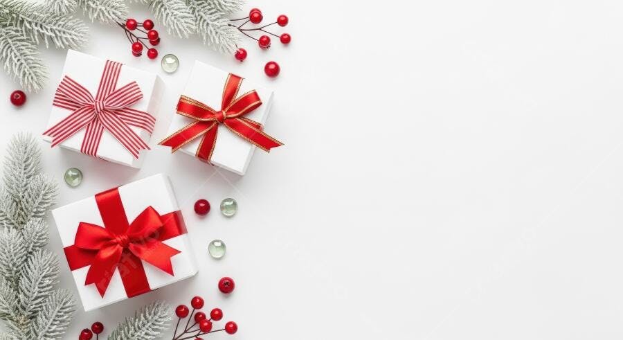Caixas de presente brancas e vermelhas decoradas com ramos de Natal festivos