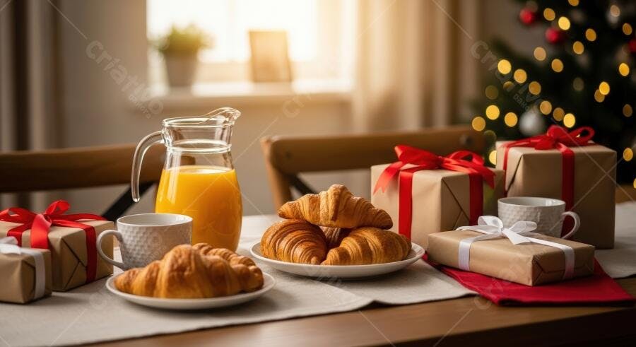 Café da manhã festivo com croissants suco laranja e presentes de Natal