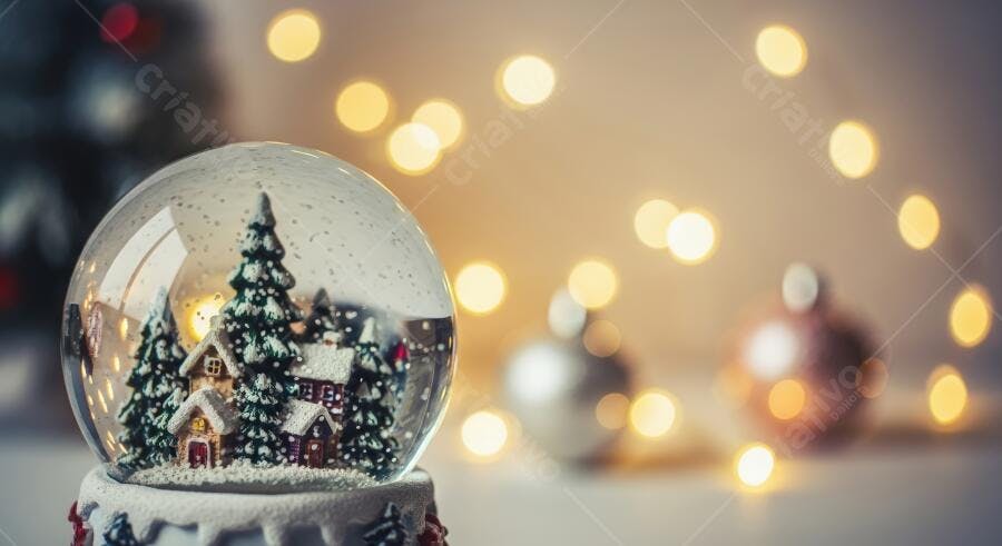 Globo de neve natalino casas e pinheiros nevados luzes festivas douradas