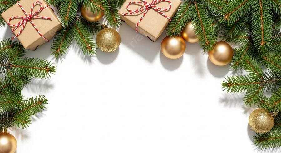 Decoração de Natal com galhos de pinheiro bolas douradas e presentes rústicos em fundo branco