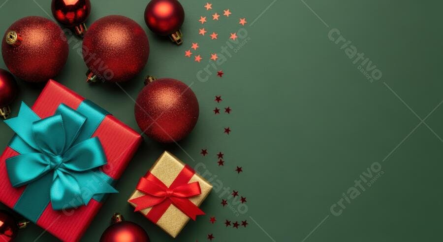 Presentes de Natal e bolas vermelhas em fundo verde festivo
