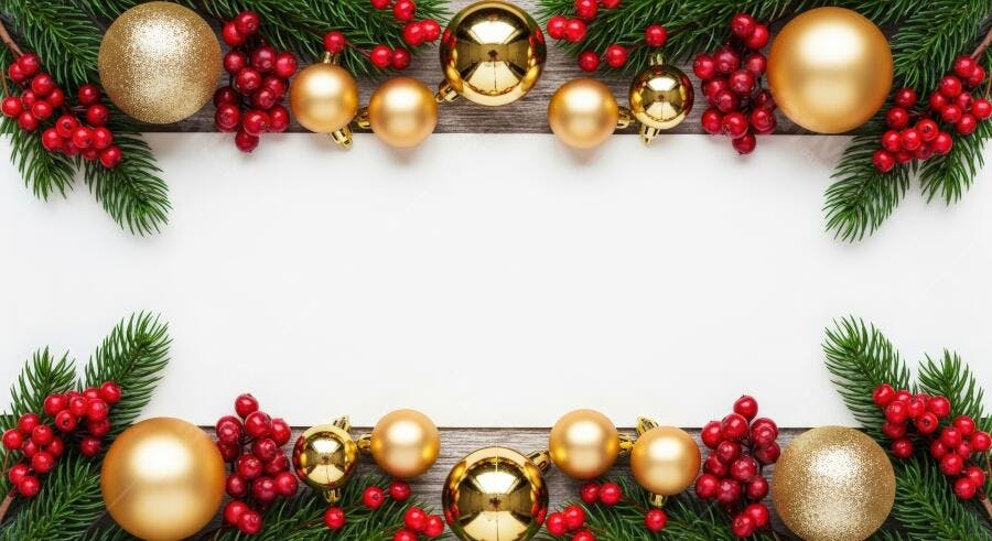 Decoração de Natal festiva com galhos verdes bolas douradas e frutas vermelhas