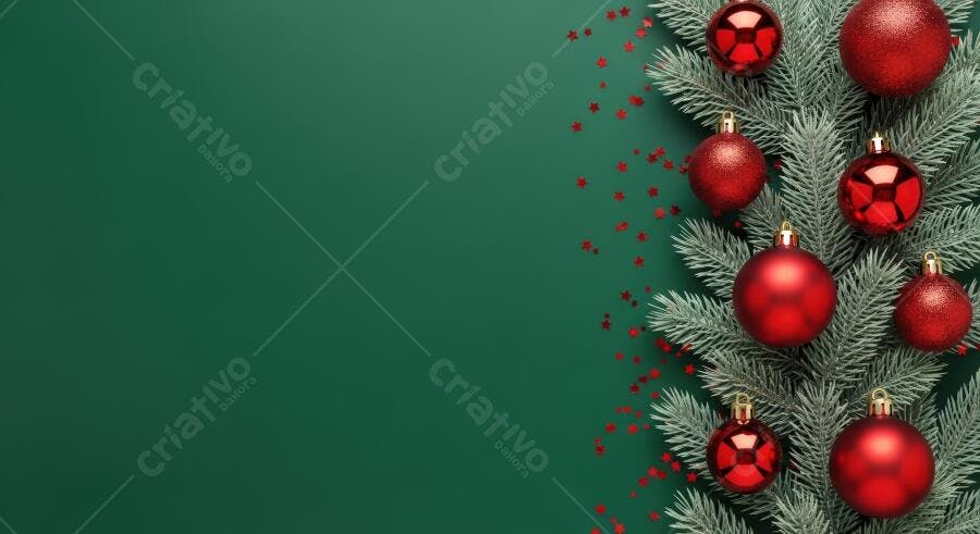 Enfeites de Natal bolas vermelhas e ramos verdes em fundo escuro festivo