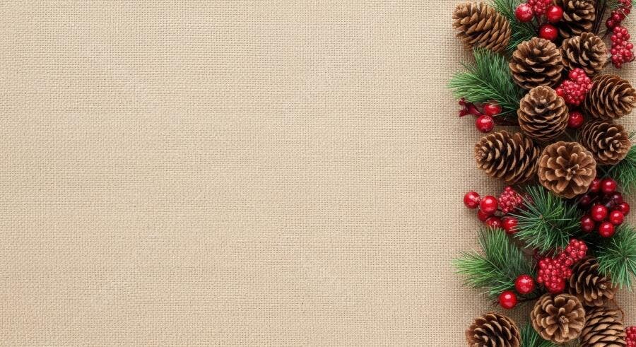 Decoração de Natal com pinhas e azevinho sobre fundo de tecido bege