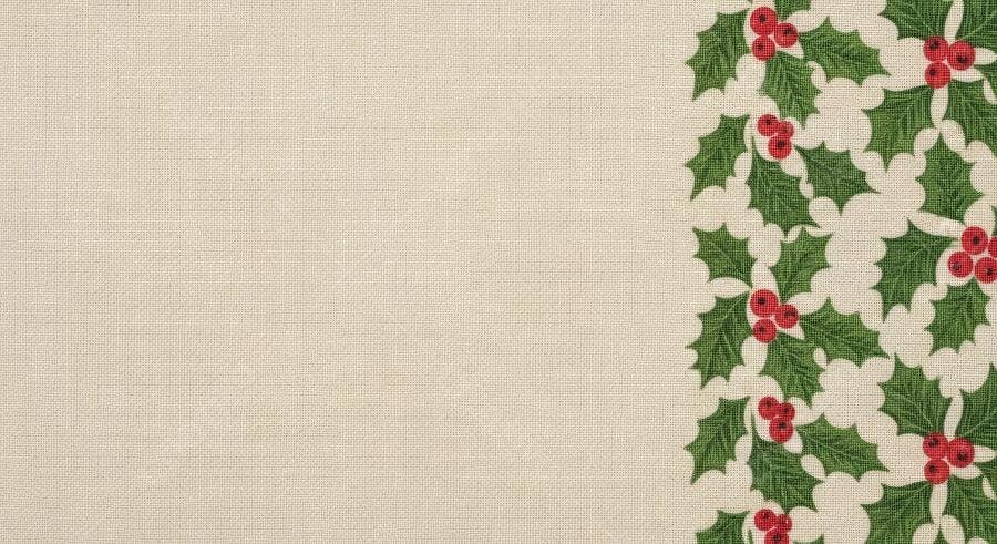 Fundo de Natal com estampa de azevinho e bagas vermelhas em tecido bege