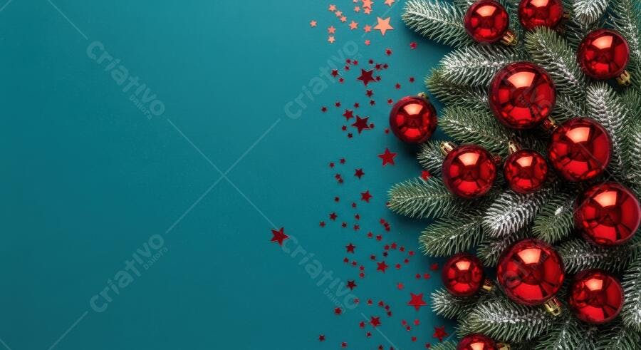 Fundo de Natal azul com galhos de pinheiro e bolas vermelhas brilhantes